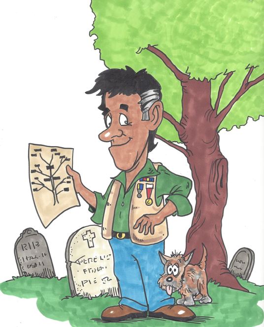 Uncle Mani holding a pedigree chart in a cemetery.